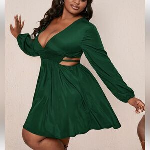 Shein curve slate plus plunging neck cut out waist tie back line green dress 4XL